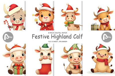 Digital Paper Festive Highland Calf Digital Pattern artnoy 