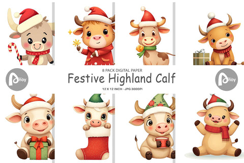 Digital Paper Festive Highland Calf Digital Pattern artnoy 