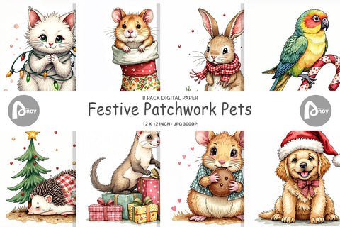 Digital Paper Festive Patchwork Pets Digital Pattern artnoy 