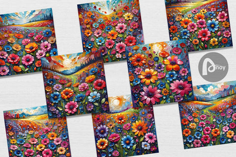 Digital Paper Field Flower Painting Digital Pattern artnoy 
