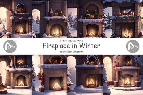 Digital Paper Fireplace in Winter Digital Pattern artnoy 