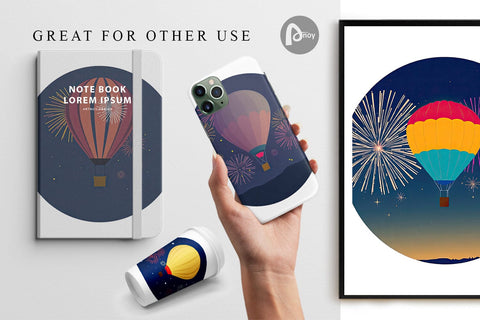 Digital Paper Fireworks Hot Air Balloon Digital Pattern artnoy 