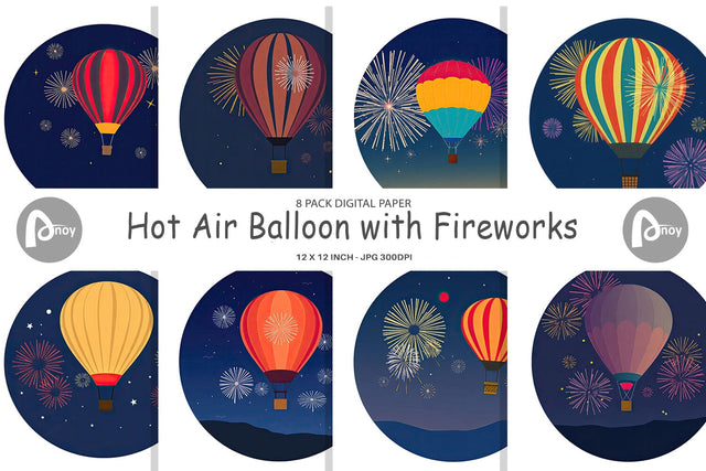 Digital Paper Fireworks Hot Air Balloon Digital Pattern artnoy 