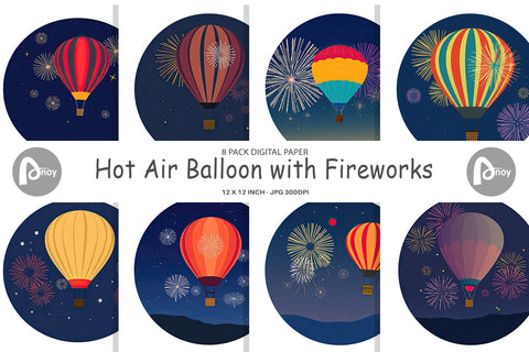 Digital Paper Fireworks Hot Air Balloon Digital Pattern artnoy 