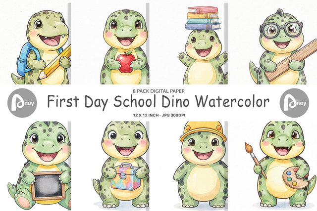 Digital Paper First Day School Dino Watercolor Sublimation artnoy 