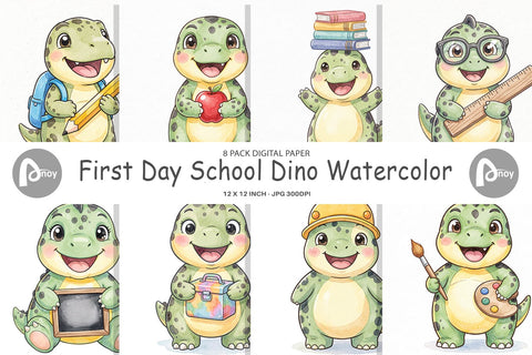 Digital Paper First Day School Dino Watercolor Sublimation artnoy 