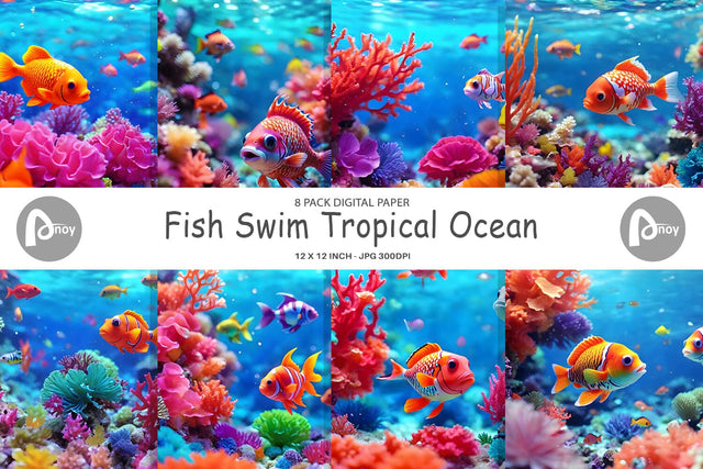 Digital Paper Fish Swim Tropical Ocean Digital Pattern artnoy 