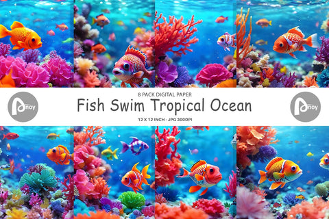 Digital Paper Fish Swim Tropical Ocean Digital Pattern artnoy 