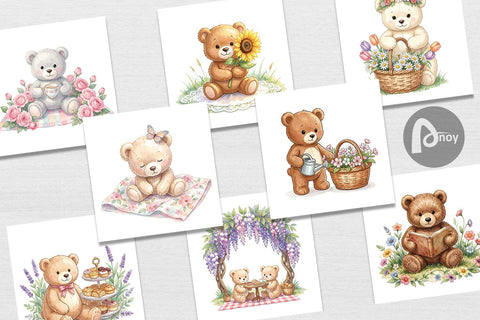 Digital Paper Floral Garden Teddy Bear Watercolor Digital Pattern artnoy 