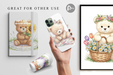 Digital Paper Floral Garden Teddy Bear Watercolor Digital Pattern artnoy 