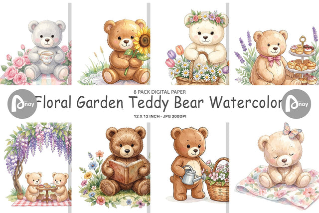Digital Paper Floral Garden Teddy Bear Watercolor Digital Pattern artnoy 