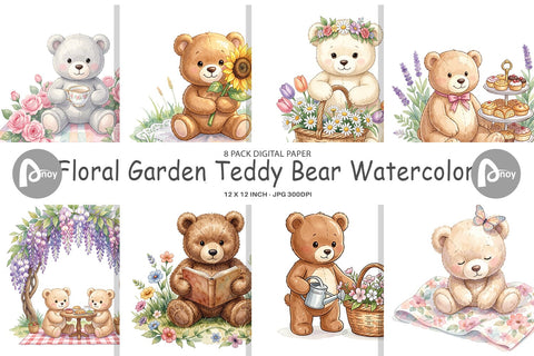 Digital Paper Floral Garden Teddy Bear Watercolor Digital Pattern artnoy 