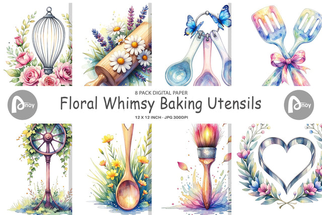 Digital Paper Floral Kitchen Tools Decor Digital Pattern artnoy 