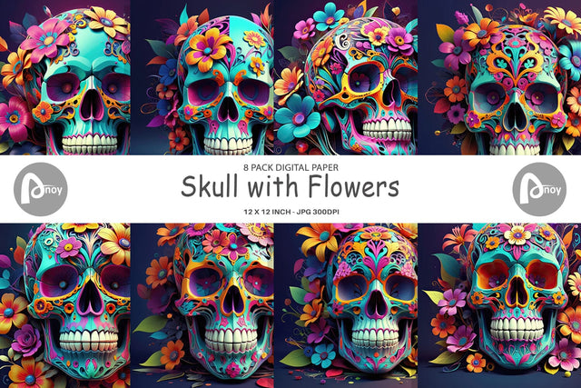 Digital Paper Floral Skull Digital Pattern artnoy 