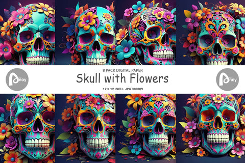 Digital Paper Floral Skull Digital Pattern artnoy 