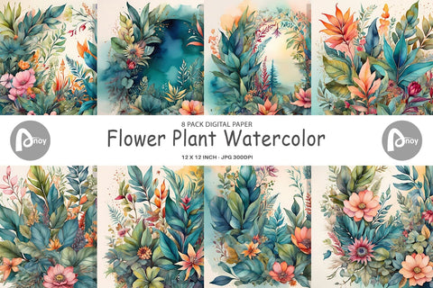 Digital Paper Flower Plant Watercolor Digital Pattern artnoy 