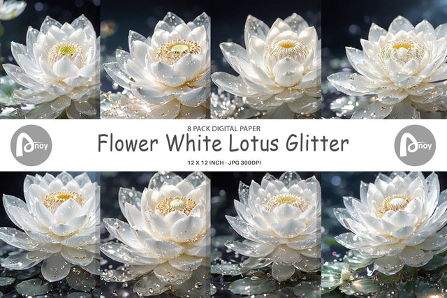 Digital Paper Flower White Lotus Glitter Digital Pattern artnoy 