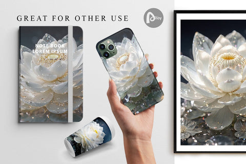 Digital Paper Flower White Lotus Glitter Digital Pattern artnoy 