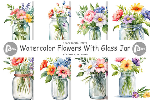 Digital Paper Flowers With Glass Jar Digital Pattern artnoy 