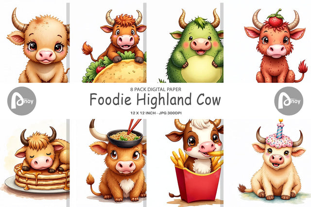 Digital Paper Foodie Highland Cow UglyCute Watercolor Treats Digital Pattern artnoy 