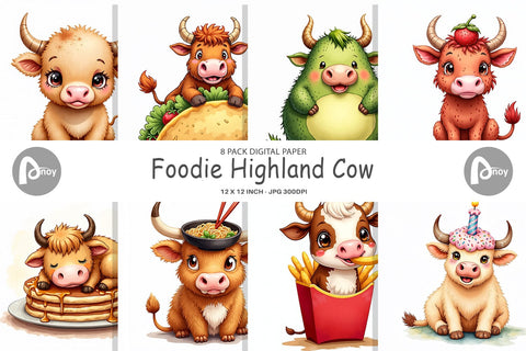 Digital Paper Foodie Highland Cow UglyCute Watercolor Treats Digital Pattern artnoy 