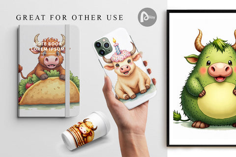 Digital Paper Foodie Highland Cow UglyCute Watercolor Treats Digital Pattern artnoy 