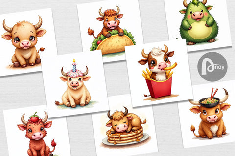 Digital Paper Foodie Highland Cow UglyCute Watercolor Treats Digital Pattern artnoy 