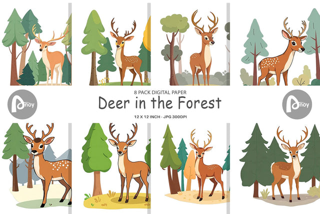 Digital Paper Forest Deer Digital Pattern artnoy 