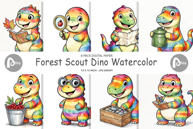 Digital Paper Forest Scout Dino Watercolor Digital Pattern artnoy 