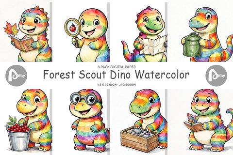 Digital Paper Forest Scout Dino Watercolor Digital Pattern artnoy 