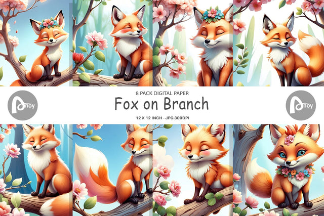 Digital Paper Fox on Branch Digital Pattern artnoy 