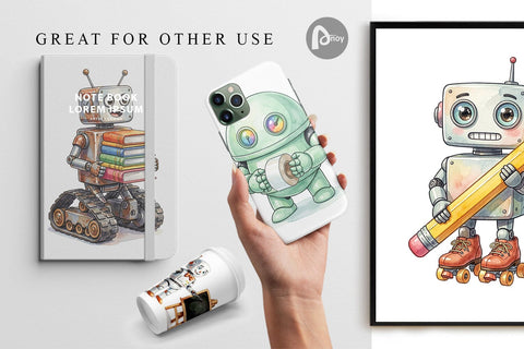 Digital Paper Friendly Retro School Robot Watercolor Digital Pattern artnoy 