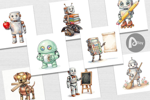 Digital Paper Friendly Retro School Robot Watercolor Digital Pattern artnoy 