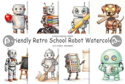 Digital Paper Friendly Retro School Robot Watercolor Digital Pattern artnoy 