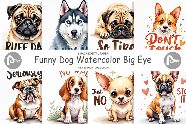Digital Paper Funny Dog Watercolor Big Eye Digital Pattern artnoy 