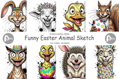 Digital Paper Funny Easter Animal Sketch Sublimation artnoy 