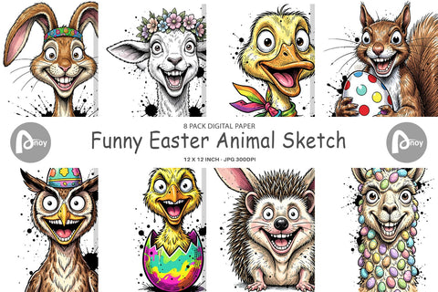 Digital Paper Funny Easter Animal Sketch Sublimation artnoy 