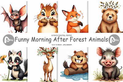Digital Paper Funny Morning After Forest Animals Watercolor Digital Pattern artnoy 