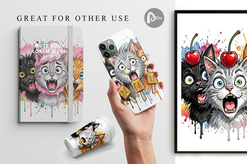 Digital Paper Funny Treat Panic Cats Watercolor Digital Pattern artnoy 