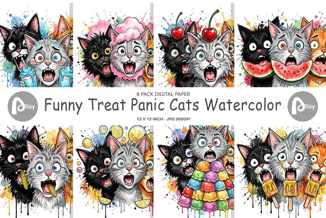 Digital Paper Funny Treat Panic Cats Watercolor Digital Pattern artnoy 