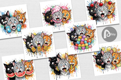 Digital Paper Funny Treat Panic Cats Watercolor Digital Pattern artnoy 
