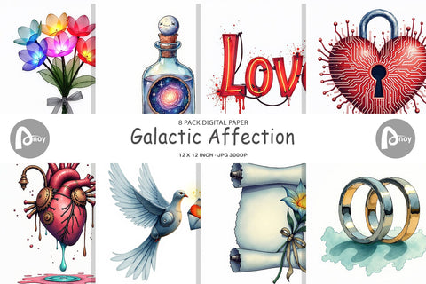 Digital Paper Galactic Affection Sci-Fi Love Symbols Digital Pattern artnoy 