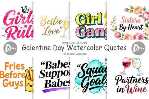 Digital Paper Galentine's Day Watercolor Quotes Digital Pattern artnoy 