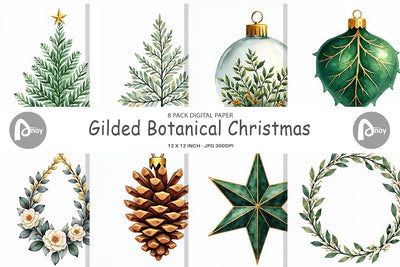 Digital Paper Gilded Botanical Watercolor Christmas Digital Pattern artnoy 