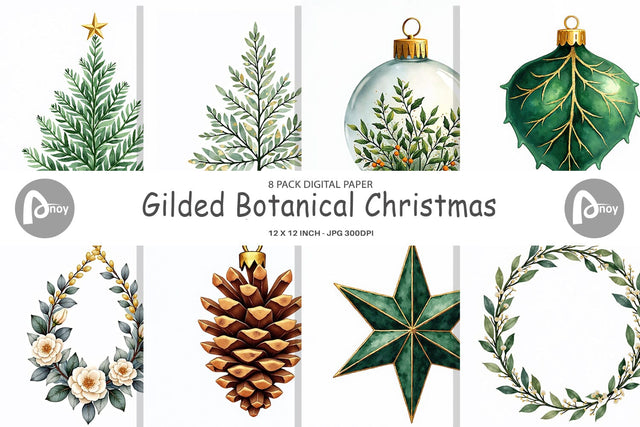 Digital Paper Gilded Botanical Watercolor Christmas Digital Pattern artnoy 