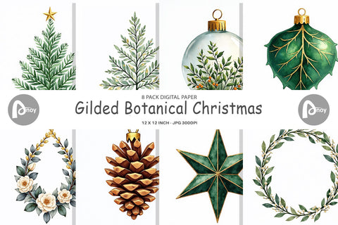 Digital Paper Gilded Botanical Watercolor Christmas Digital Pattern artnoy 