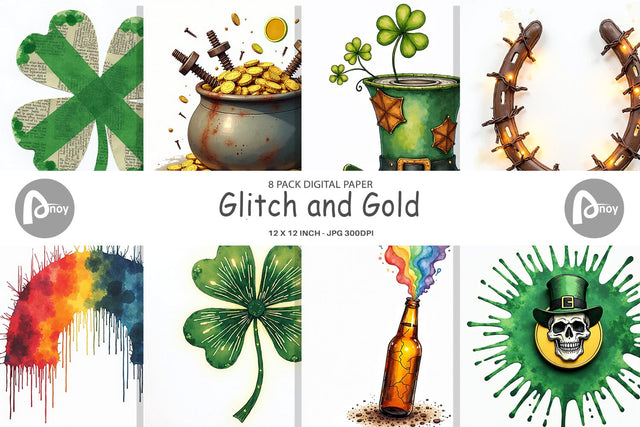 Digital Paper Glitch & Gold Surreal St. Patrick's Day Lucky Charms Digital Pattern artnoy 