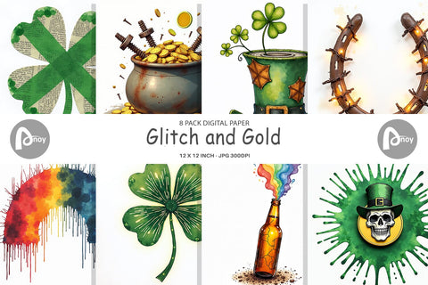 Digital Paper Glitch & Gold Surreal St. Patrick's Day Lucky Charms Digital Pattern artnoy 