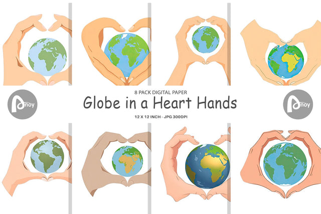 Digital Paper Globe in a Heart Hands Digital Pattern artnoy 