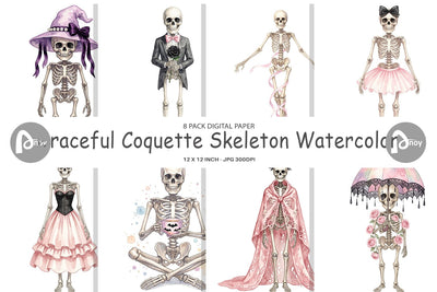 Digital Paper Graceful Coquette Skeleton Watercolor Digital Pattern artnoy 
